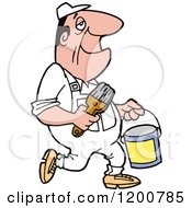 Cartoon Of A Happy Male Painter Walking With A Can And Brush Royalty Free Vector Clipart by LaffToon