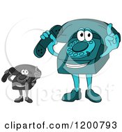 Poster, Art Print Of Turquoise And Grayscale Telephone Mascot Holding A Receiver And A Finger Up