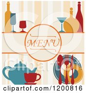 Poster, Art Print Of Beverage Menu With Bottles Glasses And Silveware On Stripes