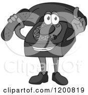 Clipart Of A Grayscale Telephone Mascot Holding A Receiver And A Finger Up Royalty Free Vector Illustration