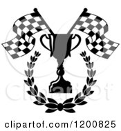 Clipart Of A Black And White Racing Trophy Cup Laurel And Checkered Flags Royalty Free Vector Illustration