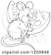 Poster, Art Print Of Outlined Black And White Cute Mouse With A Cheese Wedge