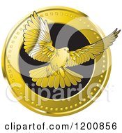 Clipart Of A  Gold Dove Flying From A Coin Royalty Free Vector Illustration