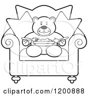 Poster, Art Print Of Black And White Outlined Teddy Bear Eating A Meal In A Chair