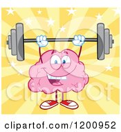 Cartoon Of A Strong Pink Brain Mascot Lifting A Barbell Over Yellow Rays And Stars Royalty Free Vector Clipart