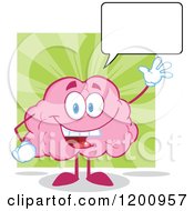 Cartoon Of A Talking Friendly Waving Pink Brain Mascot Over Green Royalty Free Vector Clipart