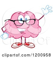 Poster, Art Print Of Friendly Pink Brain Mascot Waving And Wearing Glasses