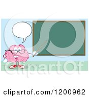 Cartoon Of A Happy Talking Brain Teacher Holding A Pointer Stick To A Chalk Board Royalty Free Vector Clipart