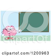 Cartoon Of A Happy Brain Teacher Holding A Pointer Stick To A Chalk Board Over Blue Royalty Free Vector Clipart
