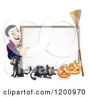 Poster, Art Print Of Grinning Vampire Pointing To A Halloween Sign With A Black Cat Broomstick And Pumpkins