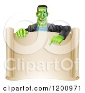 Poster, Art Print Of Happy Frankenstein Pointing Down To A Blank Scroll Sign Or Invitation