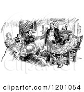 Clipart Of A Vintage Black And White Group Of Men Talking Royalty Free Vector Illustration