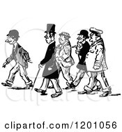 Clipart Of A Vintage Black And White Group Of Men Walking Royalty Free Vector Illustration