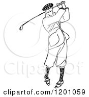 Clipart Of A Vintage Black And White Man Golfing Royalty Free Vector Illustration