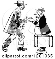 Clipart Of A Vintage Black And White Handshake Between Men Royalty Free Vector Illustration