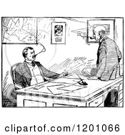 Clipart Of Vintage Black And White Businessmen Smoking And Talking In An Office Royalty Free Vector Illustration