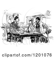Clipart Of Vintage Black And White Two Men Talking Royalty Free Vector Illustration