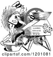 Clipart Of A Vintage Black And White Man Operating A Sausage Machine Royalty Free Vector Illustration
