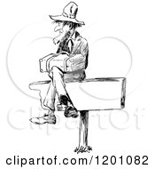 Clipart Of A Vintage Black And White Man Sitting On A Sign Royalty Free Vector Illustration by Prawny Vintage