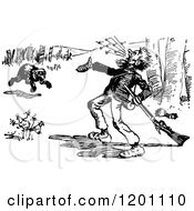 Clipart Of A Vintage Black And White Bear Charging A Hunter 2 Royalty Free Vector Illustration