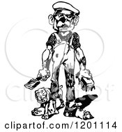 Clipart Of A Vintage Black And White Man With Brushes And A Dog Royalty Free Vector Illustration