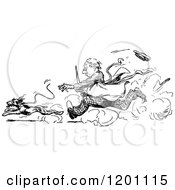 Clipart Of A Vintage Black And White Man Chasing A Dog Royalty Free Vector Illustration
