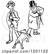 Clipart Of A Vintage Black And White Dog And Two Men Royalty Free Vector Illustration