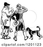 Clipart Of Vintage Black And White Dogs And Two Men Royalty Free Vector Illustration