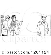 Clipart Of A Vintage Black And White Border Of Men Talking About Another Royalty Free Vector Illustration
