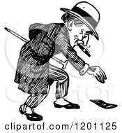 Clipart Of A Vintage Black And White Man Picking Up Money Royalty Free Vector Illustration
