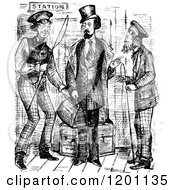 Clipart Of Vintage Black And White Men Talking At A Station Royalty Free Vector Illustration