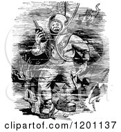 Poster, Art Print Of Vintage Black And White Deep Sea Diver Stepping On A Fish