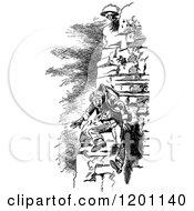 Clipart Of A Vintage Black And White Man Falling From A Cliff Royalty Free Vector Illustration