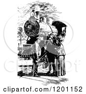 Clipart Of Vintage Black And White People Talking At The Train Station Royalty Free Vector Illustration