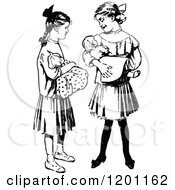 Clipart Of Vintage Black And White Girls Holding Dolls Royalty Free Vector Illustration