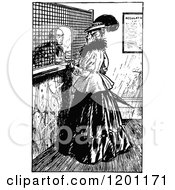 Clipart Of A Vintage Black And White Woman At A Bank Royalty Free Vector Illustration