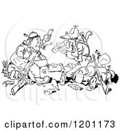 Clipart Of Vintage Black And White Wild Game Enthusiasts Royalty Free Vector Illustration