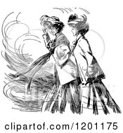 Clipart Of Vintage Black And White Women Walking In The Wind Royalty Free Vector Illustration