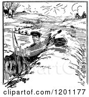 Clipart Of A Vintage Black And White Soldier Digging A War Trench Royalty Free Vector Illustration