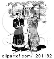 Clipart Of Vintage Black And White Two Ladies Talking Royalty Free Vector Illustration