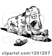 Poster, Art Print Of Vintage Black And White Dog Eating A Sausage