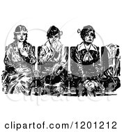 Clipart Of Vintage Black And White Sick Women Waiting Royalty Free Vector Illustration