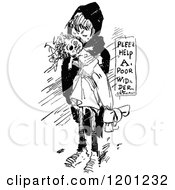 Clipart Of A Vintage Black And White Lonely Orphan Girl Hugging A Doll Royalty Free Vector Illustration