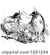 Clipart Of A Vintage Black And White Smoking Owl And Hen Pushing Chicksn In A Pram Royalty Free Vector Illustration