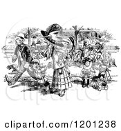 Clipart Of A Vintage Black And White Crowd Around A Perfoming Bear Royalty Free Vector Illustration