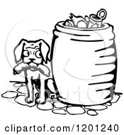 Poster, Art Print Of Vintage Black And White Dog With Sausage By A Trash Can
