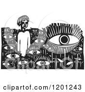 Poster, Art Print Of Man In A Field Of Eyes Black And White Woodcut