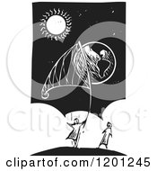 Poster, Art Print Of People Catching Earth In A Net Black And White Woodcut
