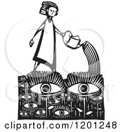 Clipart Of A Girl Watering An Eye Garden Black And White Woodcut Royalty Free Vector Illustration by xunantunich #COLLC1201248-0119