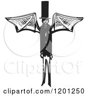 Clipart Of A Winged Demon In A Top Hat Black And White Woodcut Royalty Free Vector Illustration